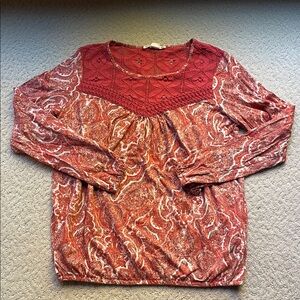 Ruff Hewn Red Orange Paisley Printed Long Sleeve Top Size Women Small